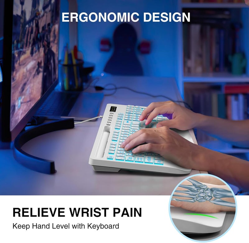 SABLUTE Large Print Backlit Computer Keyboards, Wired Lighted USB Keyboards with 7-Color Backlit, Wrist Rest, Phone Holder, Easy to Read and Type for Laptop, PC, Windows, Desktop (White) - Image 3